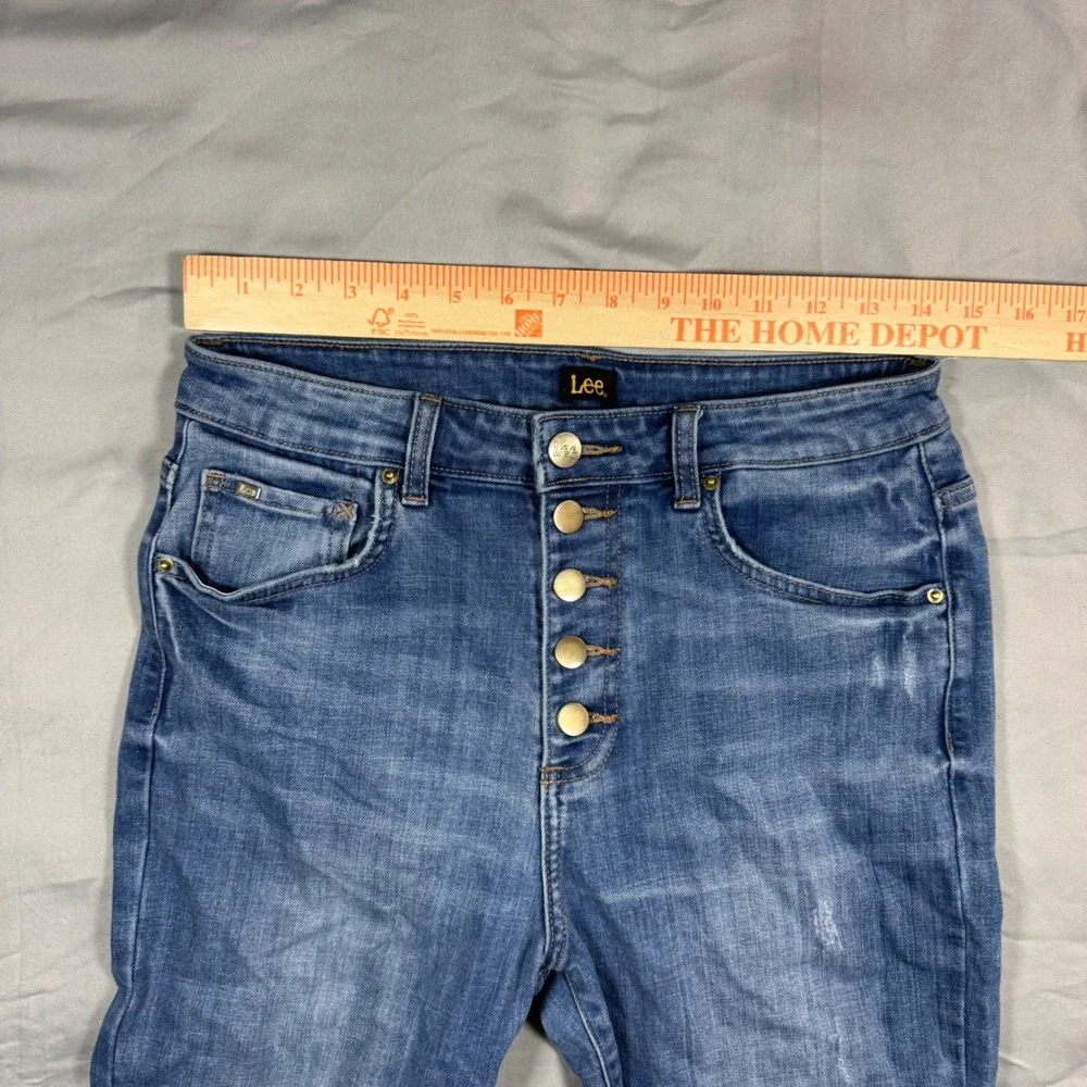 Lee Womens High Rise Flare Jeans Blue Distressed Button Fly Size 29x26